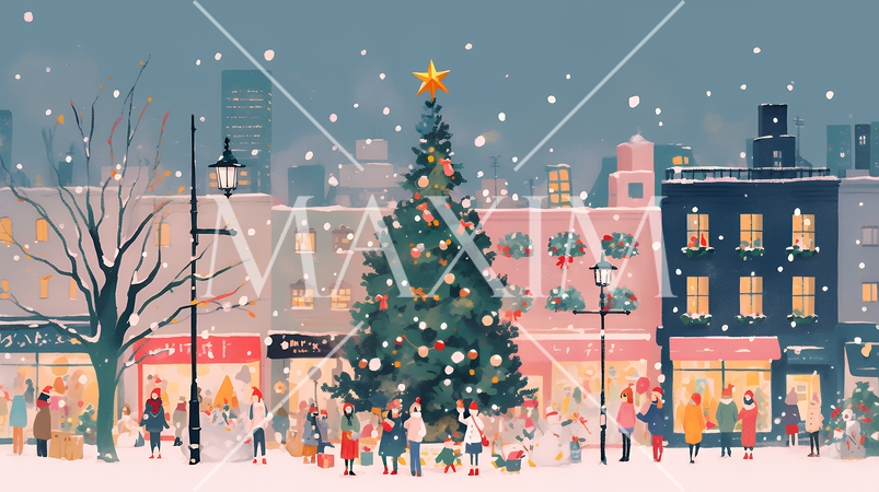イルミネーションが彩るホワイトクリスマスの都会（ポップでキュートな表現）