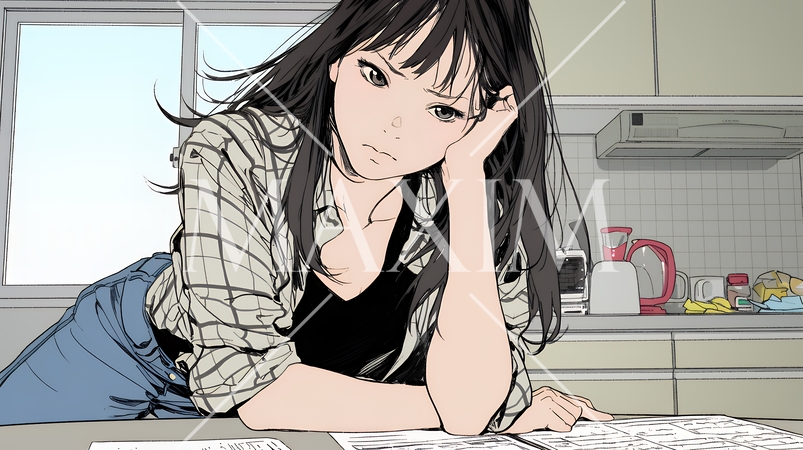 家計簿が赤字：心配事を抱えて憂鬱な気分の若い女性