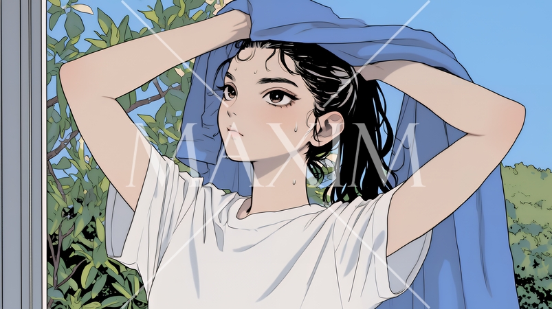 汗を拭っている若い女性