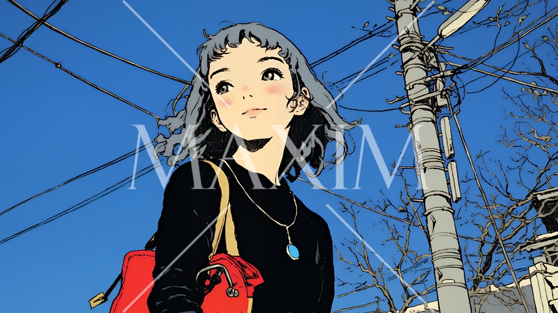 冬枯れの街を歩く若い女性