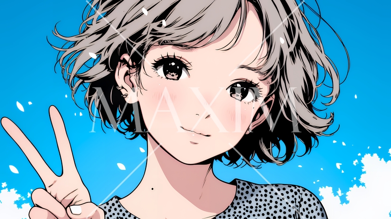 笑顔でピースサインを見せる若い女性