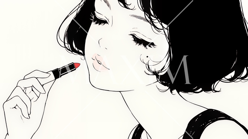 化粧をしている（口紅をつけている）若い女性（シンプルな色使い）