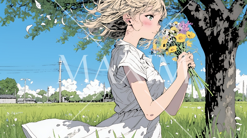 スカートを揺らしながら春風と戯れている若い女性