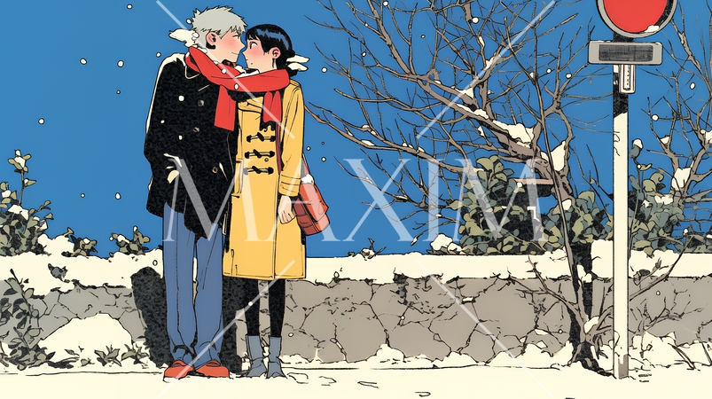 冬枯れ街をデートしている若い恋人たち