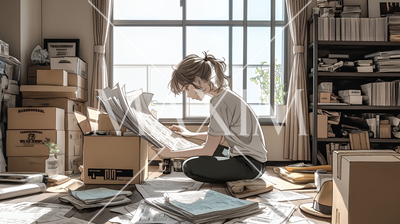 家の中（事務所）を大々的に整理している女性：断捨離