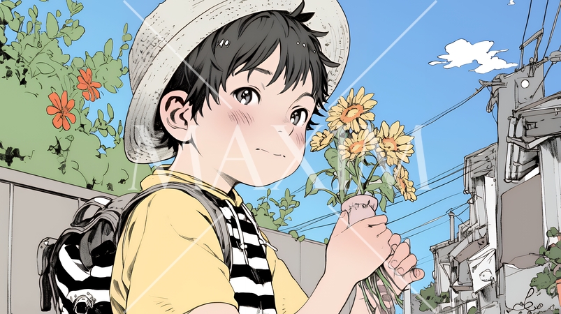 花摘みをしている幼い男の子