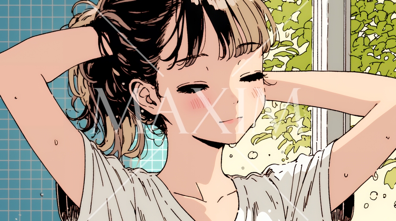 ヘアーシャワーの後の濡れ髪の若い女性