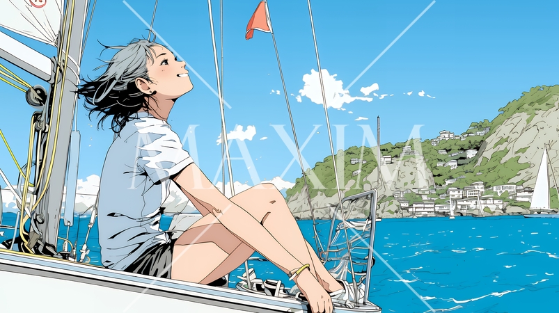 ヨットに乗っている若い女性