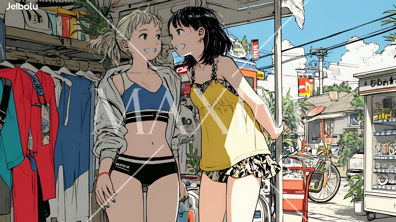 ビーチリゾートのショップで女友達と買物をしている若い女性