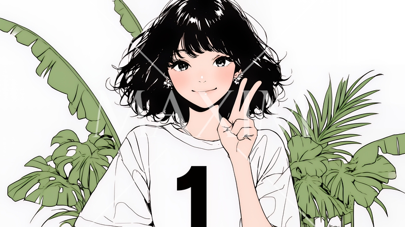 数字の「1」を掲げている若い女性（シンプルな色使い）