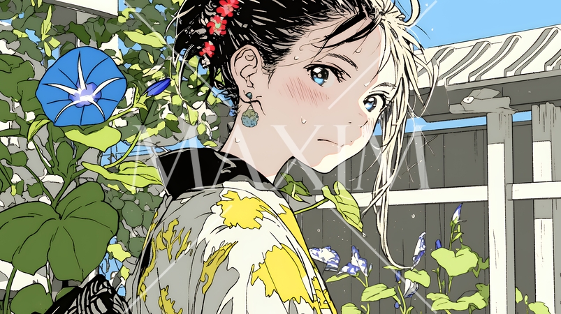 アサガオと浴衣姿の若い女性