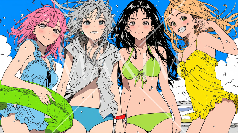 仲の良い友達同士で南国の海岸にビキニ姿でいる若い女性たち