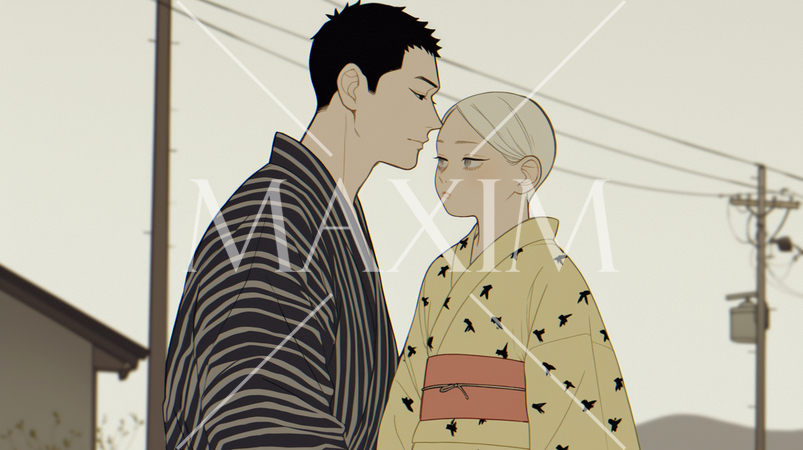 夏の夕方、浴衣を着た恋人たち