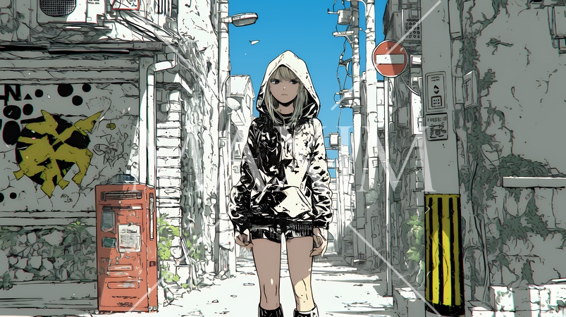 都会の治安の悪そうな場所にいる若い女性