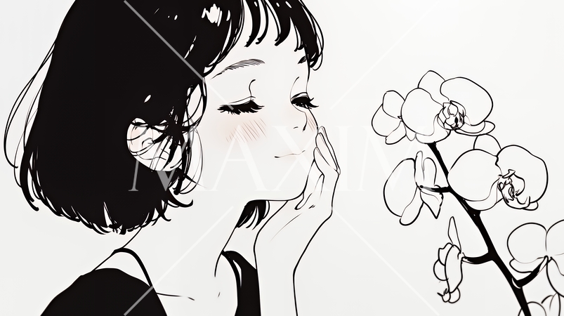 蘭の花と若い女性（シンプルな色使い）