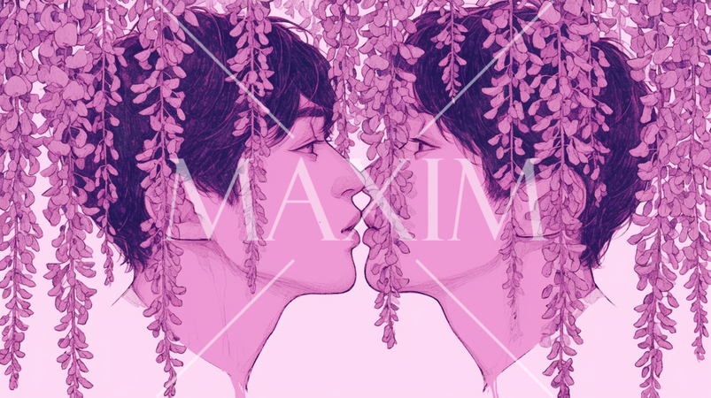 藤の花に囲まれて若い男性の恋人たちがキスをしている：LGBT