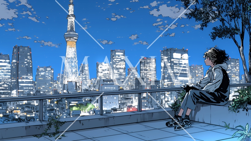 都市の夜景を眺めている女性