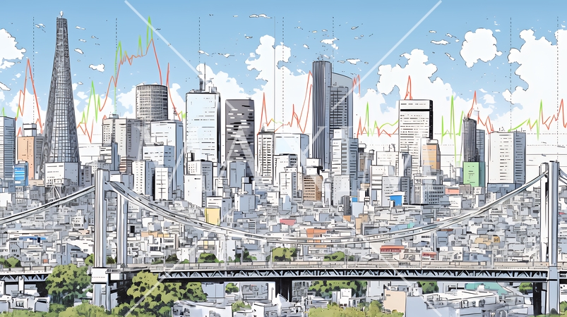 様々なチャートや数値表など様々な計量指標がランダムに空間に散りばめられた背景