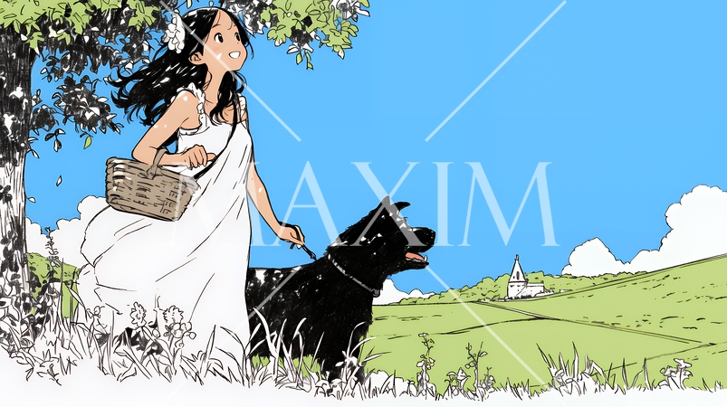 愛犬と散歩している若い女性（シンプルな色使い）