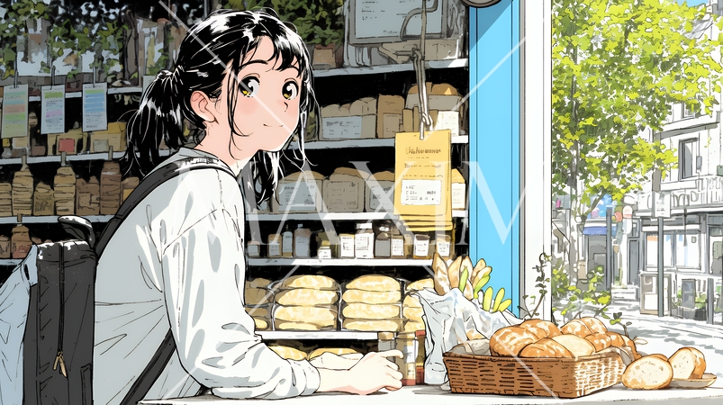 近所のパン屋で焼きたてパンを買う若い女性