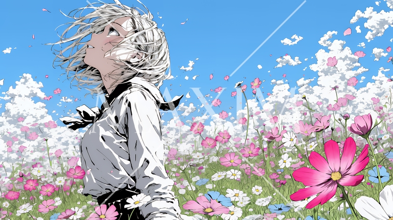 コスモス畑にいる若い女性