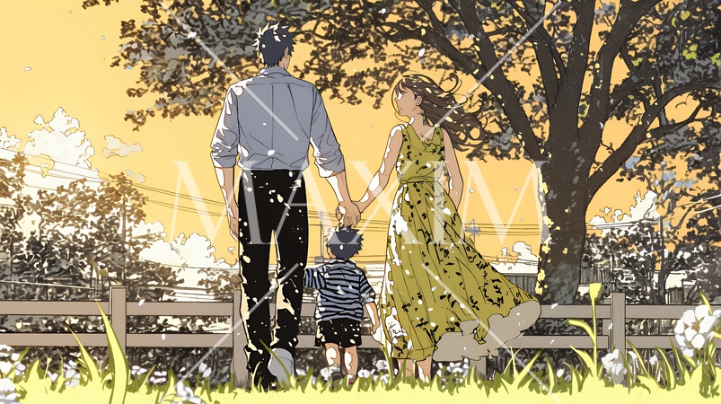 仲の良い家族：父親、母親、その子どもが仲良く連れ立って歩いている