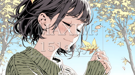 落ち葉をつまんで眺める若い女性｜秋を感じる女性のイラスト（イラストID:9447620-20485）