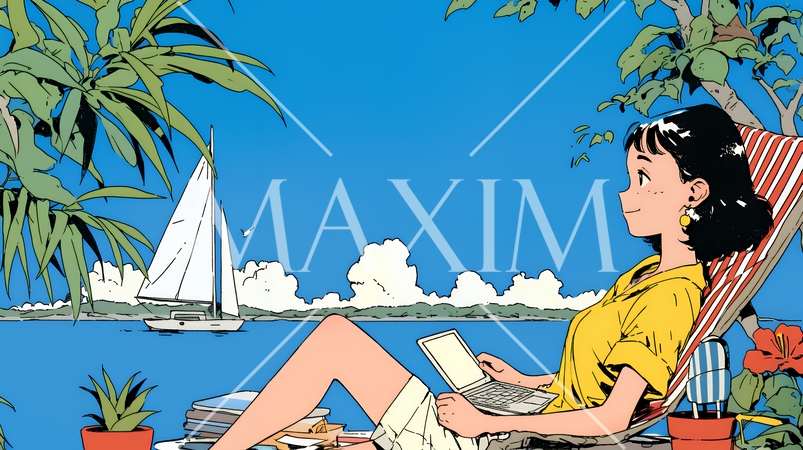 ワーケーション：休暇を楽しみながら仕事をしている女性