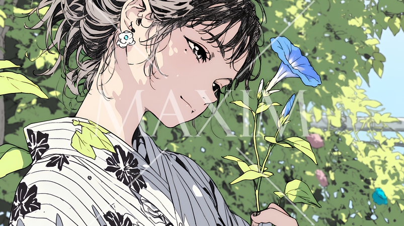 アサガオと浴衣姿の若い女性