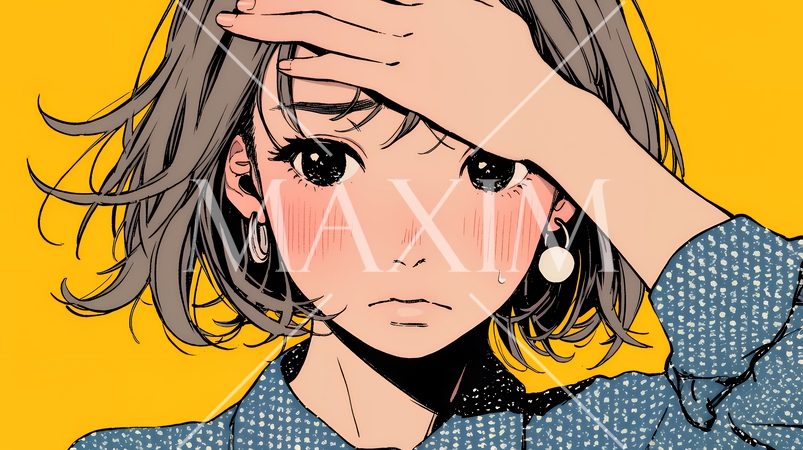 額に手を当てて「困ったな」ポーズをしている若い女性