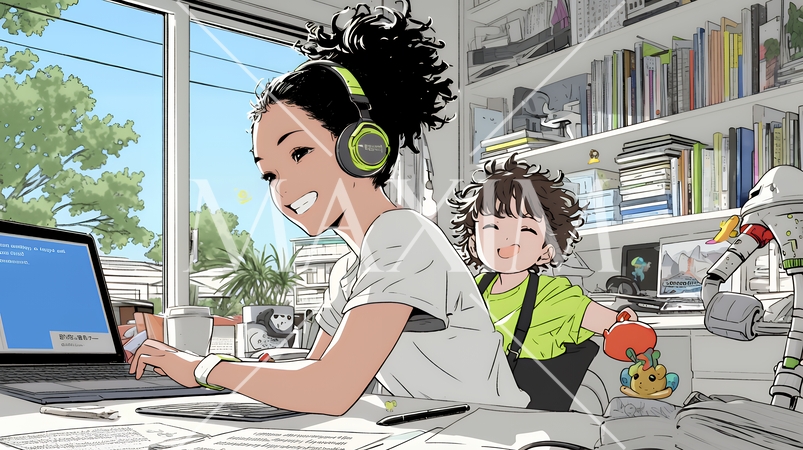 自宅でのリモートワークの場面：子どもが気になって集中できない