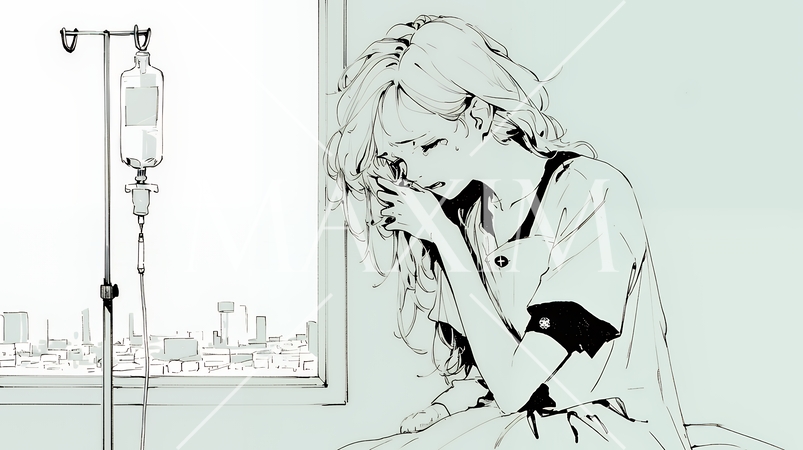 病院のベッドに腰掛けて気落ちしている女性（シンプルな色使い）