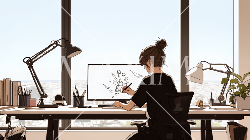職場のデスクでパソコンに向かって仕事をしているビジネスウーマン（シンプルな色使い）