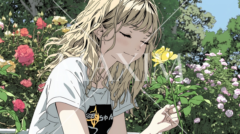 バラ園を散策している若い女性