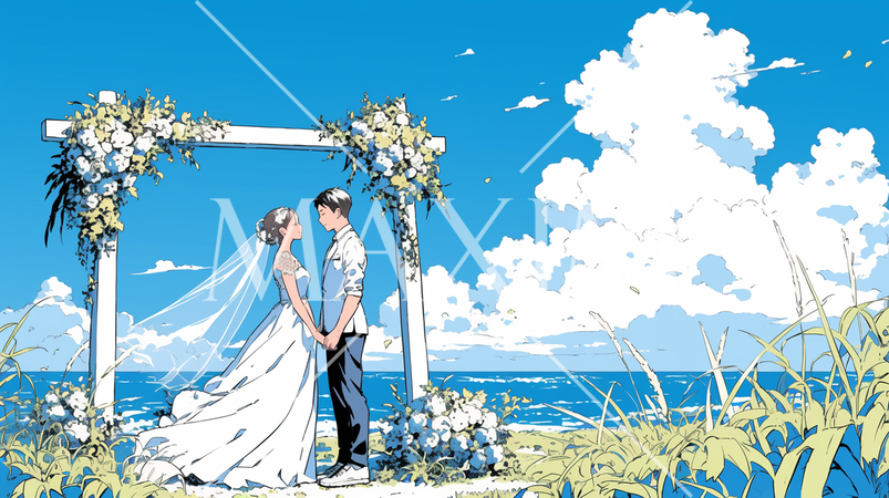海辺で結婚式を挙げている若い男女