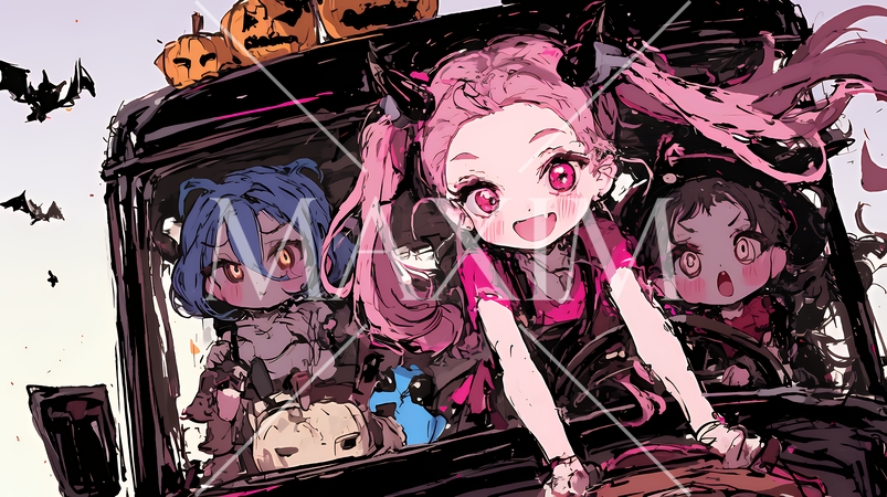 キモかわいいハロウィーンコスプレの女の子（クレヨンと水彩画風）