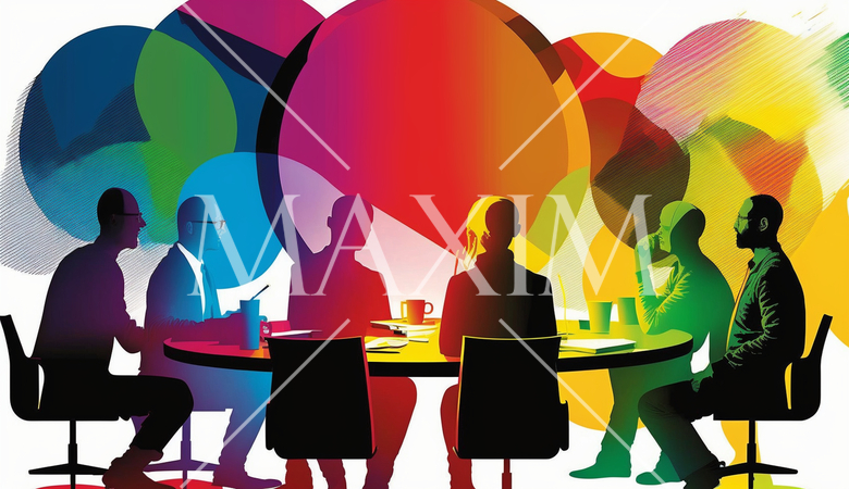 会議とブレインストーミング：人々が会議室で議論し、アイデアを出し合う場面。