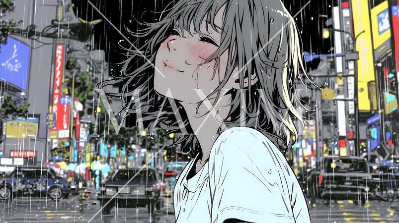 雨の中を傘をささずに歩く若い女性