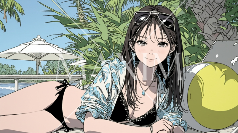 南国のリゾートホテルのプールにビキニ姿でいる若い女性