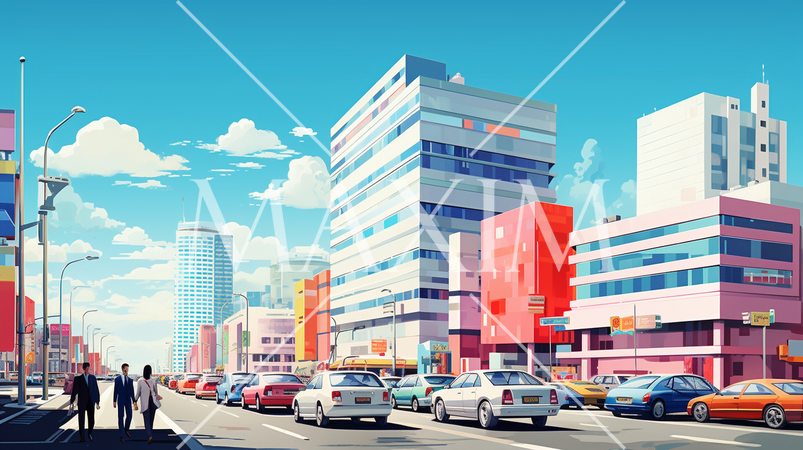 都心のビル街：ポップでカラフルな表現