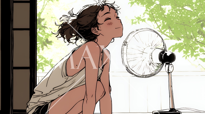 暑い夏の昼下がり、扇風機にあたって涼んでいる若い女性（シンプルな色使い）