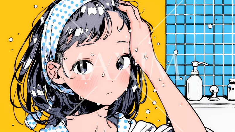 ヘアーシャワーの後の濡れ髪の若い女性