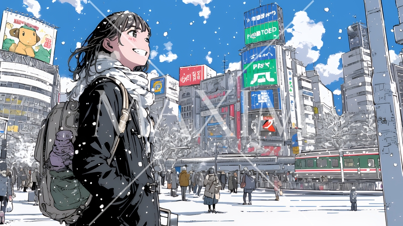 雪の積もる冬の都会を散策している若生女性