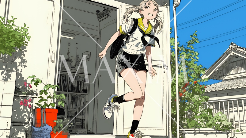 学校に遅れそうで道を急いでいる女子高生