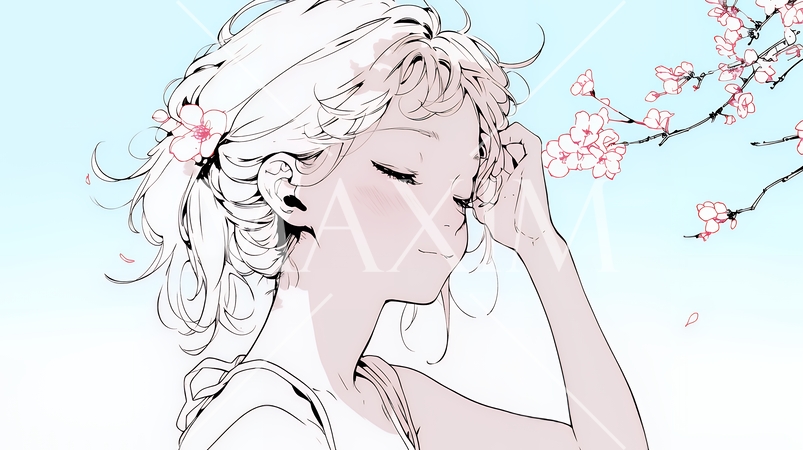 満開の桜の下、春風に乱れた髪を整える若い女性（シンプルな色使い）