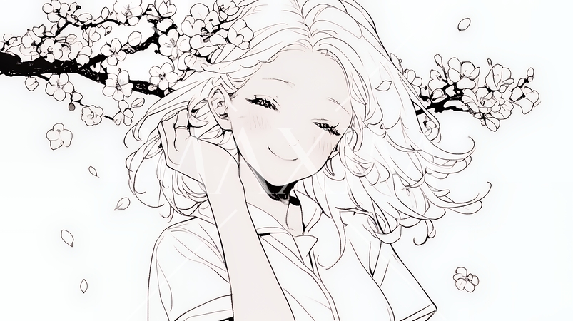 満開の桜の下、春風に乱れた髪を整える若い女性（シンプルな色使い）