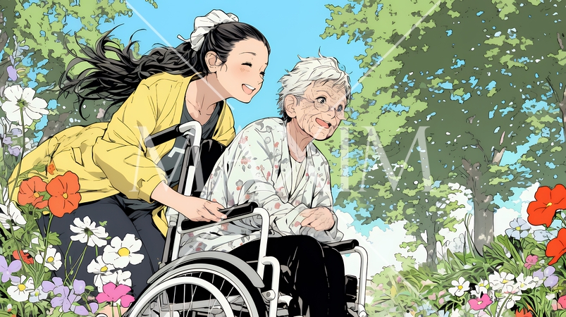 車椅子の歳をとった女性が若い女性に付き添われて公園を散歩している