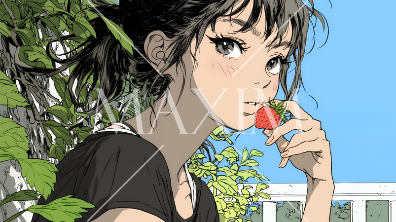 イチゴを摘んで食べている若い女性