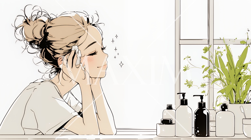 洗面所で朝の洗顔をする女性（シンプルな色使い）