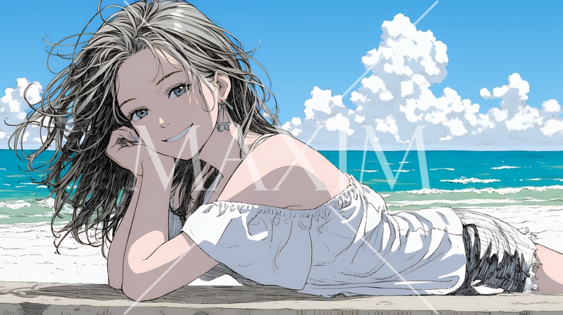 夏の南国の海辺を一人で旅行中の若い女性